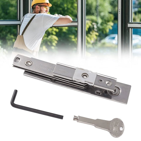 Casement window stainless steel friction stay hinge with ventilation limiter; includes Allen key.