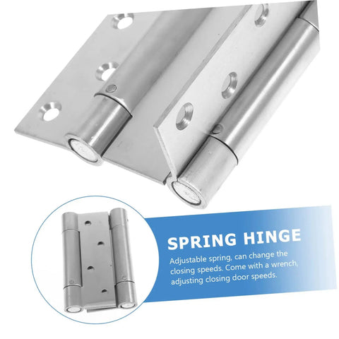 Close-up of a double acting spring hinge for residential doors, self-closing door hinge with adjustable tension, shown with instructions.
