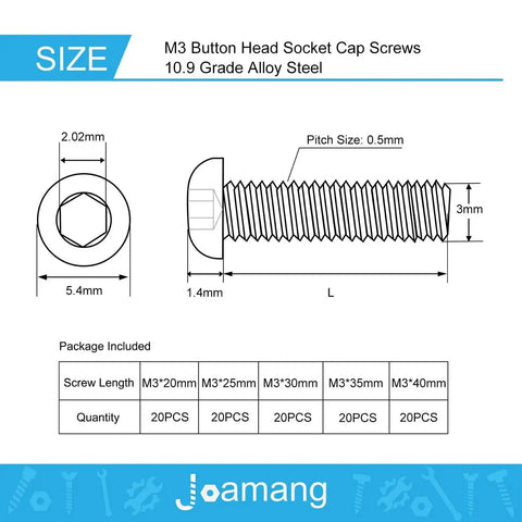 Diagram of M3 Button Head Socket Cap Screws Set 20 25 30 35 40mm Fully Threaded 10.9 Grade Alloy Steel with hex drive sizes.