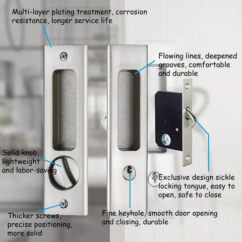 Six Point Three Inch Privacy Pocket Door Lock Hardware With Keys, Sliding Barn Door Lock Concealed Recessed Door Handle in Silver