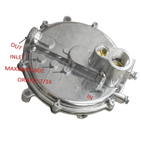 Low Pressure Propane And Natural Gas Regulator For Small Engines Imco Style 039-122 top view showing inlet and outlet markings
