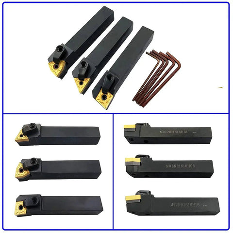 36 Piece Five Eighth Inch Indexable Carbide Lathe Turning Tool Holder Set With MTJNR1616H16 MWLNR1616H08 MCLNR1616H12 And CNMG 431 WNMG 431 TNMG 331 Insert Blades For Pro Grade Metalworking, showing black steel holders and insert blades