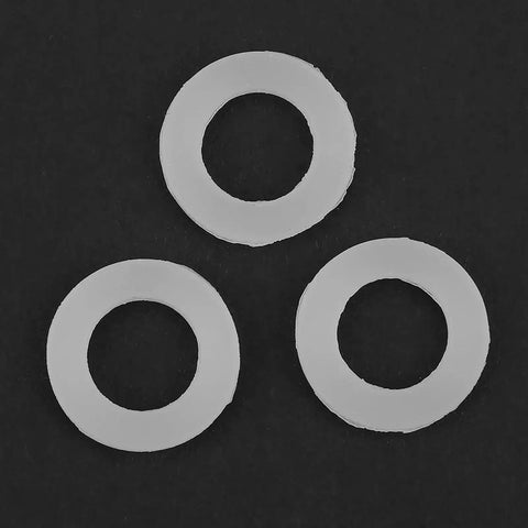 Three white flat gaskets from 12 Piece Silicone Washer Gasket Set With Half Inch Sealing O Rings, White Flat Gaskets And Wave Lock Washers For Bellows Hoses, Automotive And Plumbing Use.