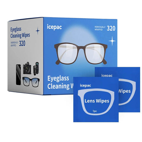 320 Premoistened Cleaning Wipes For Glasses Screens And Cameras packaging with glasses illustration