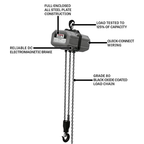 JET 5-ton electric chain hoist with 15 ft lift, 115/230V single-phase, front view with load chain and hook