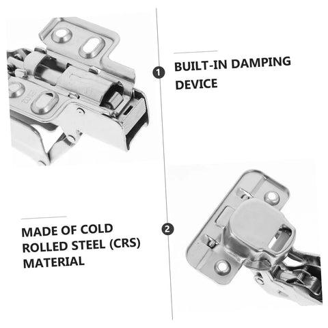 Close-up of soft close hidden cabinet hinges for corner cabinets with damping system and steel material features, Zerodeko.