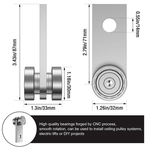 Diagram of two-wheel trolley assembly rollers with dimensions, for 1-5/8 inch strut channel, garage hoist system compatibility, silver finish.