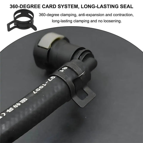 Close-up of spring band hose clamp securing hose for leak-proof sealing, featuring a 360-degree card system for even tension.