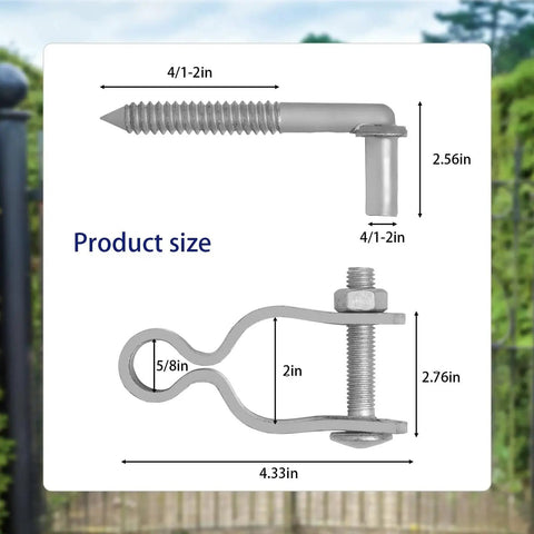 Heavy Duty Farm Gate Hinge Kit With Galvanized Steel Rustproof Hinges And Five Eighth Inch Pins for wood metal fence gates size details