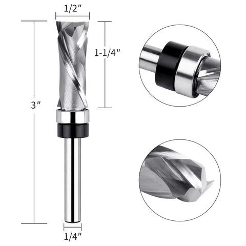 Pro Grade Extra Long Compression Flush Trim Router Bit With One Quarter Inch Shank And One Half Inch Cutting Diameter One And A Quarter Inch Cutting Length Spiral Pattern Template Router Bit For CNC Woodworking Edge Trimming shown with dimensions and close-up view of spiral pattern.