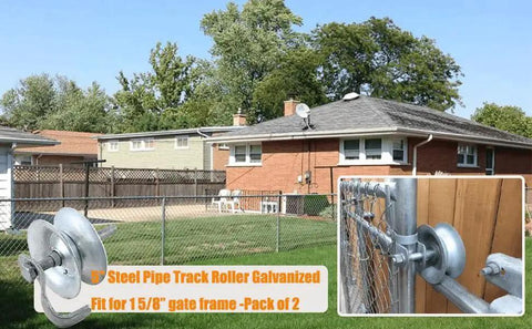 Sliding Gate Rollers 5 Inch Steel Wheel Galvanized For 1 And 5 Eighth Inch Pipe Track Fits 1 And 5 Eighth Inch Gate Frame Pack Of 2 Durable Track Rollers For Smooth Quiet Operation And Long Lasting Use, installed on a fence gate showing operation.