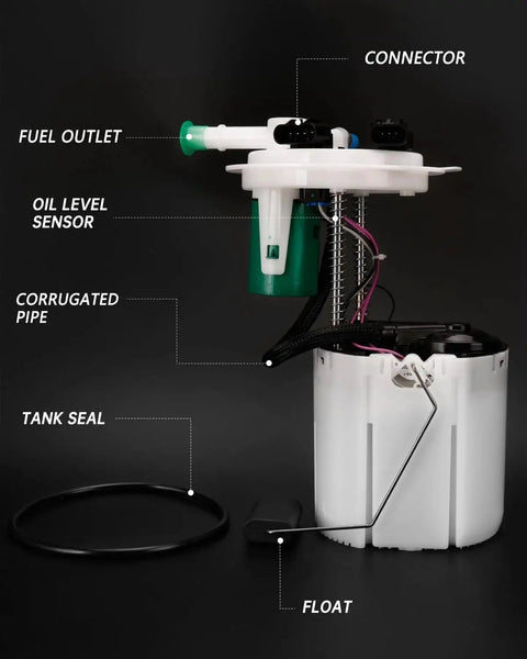 Side view of Direct Fit Electric Fuel Pump Module Assembly For 2009-2017 Buick Enclave, GMC Acadia, Chevy Traverse, Saturn Outlook 3.6L V6 showing connector, fuel outlet, and float.