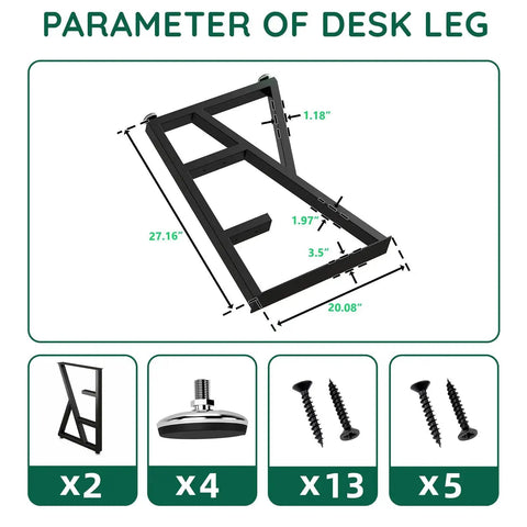 Dimensions and components of K Shape Beefy Heavy Duty Metal Table Legs Set Of 2, 28 Inches High, Black Iron with adjustable foot pads.