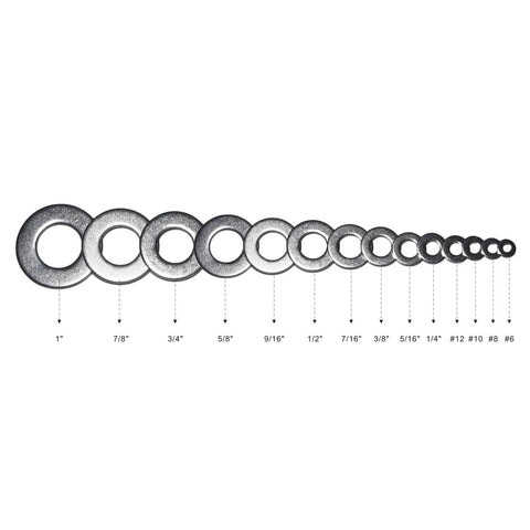 18-piece set of stainless steel flat washers (304/18-8), with varying outer diameters from 1" to 1/4"