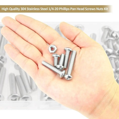 58 Piece Stainless Steel 1/4-20 Phillips Pan Head Machine Screws And Matching Hex Nuts Set With 1/2 Inch, 3/4 Inch, 1 Inch, 1-1/4 Inch, 1-1/2 Inch Lengths Fully Threaded 304 Grade For DIY Projects And Home Repairs assortment displayed in a hand