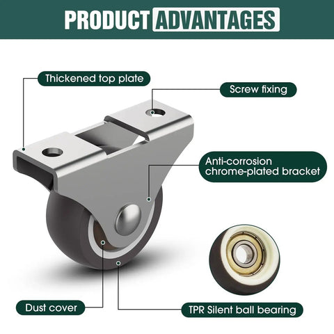 2 Inch Rubber Caster Wheels Set Low Profile Fixed and Quiet Rolling Casters for Furniture Drawers Storage Bins and Small Appliances Brown 4 Pieces Durable Thermoplastic Rubber TPR Non Marking Ideal for DIY Projects showcasing anti-corrosion bracket, TPR ball bearing, dust cover, and installation features.