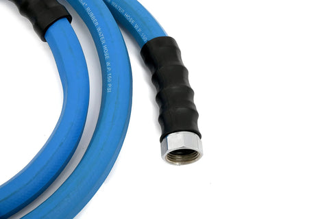 Blue rubber garden hose with metal threaded connector and black grip, 3/4 in x 6 ft