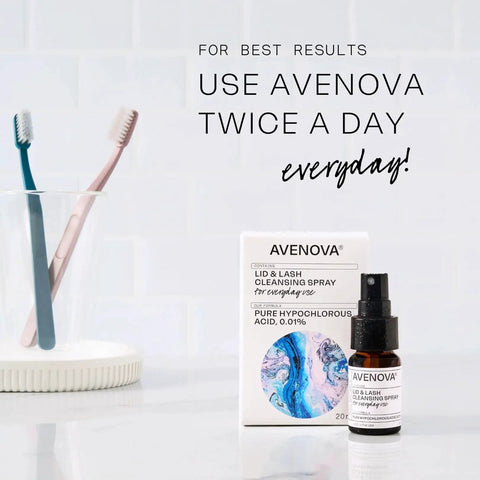 Eyelid And Eyelash Cleanser Spray With Hypochlorous Acid For Gentle Eye Care next to toothbrushes and box on bathroom counter.