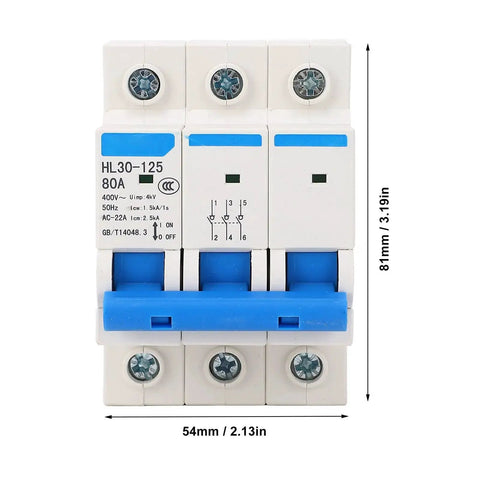 Front view of Three Pole Miniature Circuit Breaker 400V 80A Din Rail Mount for Home Office Protection Safe Electrical Isolation