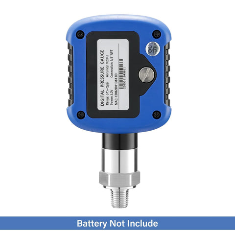 Digital industrial pressure gauge, blue housing, Amazon brand, 1/4'' NPT stainless connection, Bluetooth and phone connectivity
