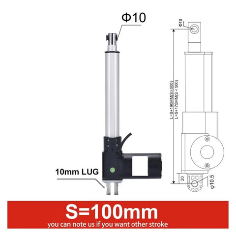 Beefy Electric Linear Actuator 100mm Stroke, 6000N High-Force, Dual 12V/24V Supply, diagram view with dimensions