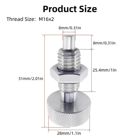 Two Pack Retractable Spring Plungers M16x2 stainless steel lockout handle quick release pins with knurled grips, size diagram
