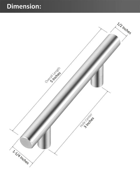 Dimensions diagram of 30 Pack 5 Inch Cabinet Pulls Satin Nickel Stainless Steel Kitchen Hardware Drawer Handles For Cabinets Cupboard With 3 Inch Center Hole Includes Screwdriver Included Brushed Modern Finish.
