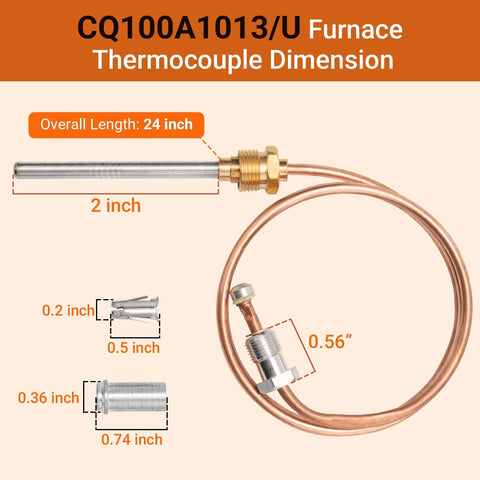 Cq100a1013 24-inch thermocouple with copper tube and brass adapter for gas furnaces