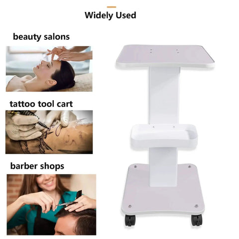 Esthetician Trolley Cart With Silent Wheels For Spa And Beauty Salon next to images showing use in beauty salons, tattoo studios, and barber shops.