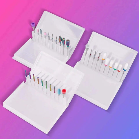 30Pcs Nail Drill Bits Set With 3 32 Inch Shank Universal Kit For Nail Drill Carbide Ceramic Diamond Cuticle Bits For Acrylic Gel Manicure Pedicure Removal Tools For Home Salon And Professional Use in white holders on a gradient background
