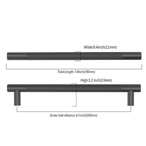 Diagram of 10 Pack 6.3 Inch 160mm Matte Black Knurled Cabinet Pulls showing dimensions for durable kitchen handles, ideal for cupboards and drawers.
