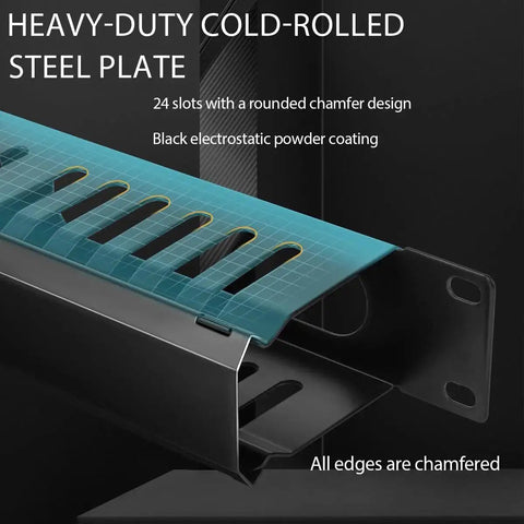 1U Rack Cable Manager Kit 24 Slot Metal Finger Duct With Cover in black heavy-duty steel, close-up of chamfered edges and slots.