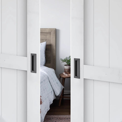 Two Pack Pocket Door Handles 5.9 Inch Rectangular Recessed Pulls For Sliding Closet And Barn Doors Black Flush Finger Pulls Stainless Steel 304 Solid Metal Durable Hardware With Smooth Operation installed on white sliding doors