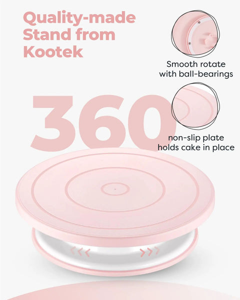 Quality-made pink stand from Kootek with 360° rotation, ball-bearings for smooth motion, non-slip plate, part of All In One Cake Decorating Kit.