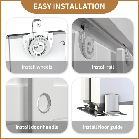 Installation steps for Bypass Sliding Door Hardware Kit 72 Inch Track Set For Wardrobe Closet Doors: wheels, rail, handle, floor guide.