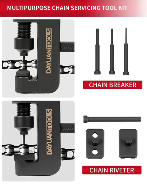 13 Piece Motorcycle Chain Breaker Set With Carrying Case Chain Cutter And Riveter Kit For Chains From 25 To 630 Easy To Use Chain Removal Tool For Motorcycles Bikes ATVs And OHV Cam Chains Dayuan showcasing tools and components in use.