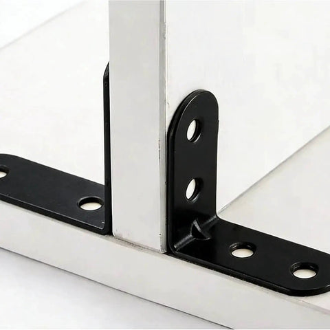 Close-up of black-coated stainless steel L right angle bracket with 1.57 inch sides for shelves and cabinets, includes 80 screws.