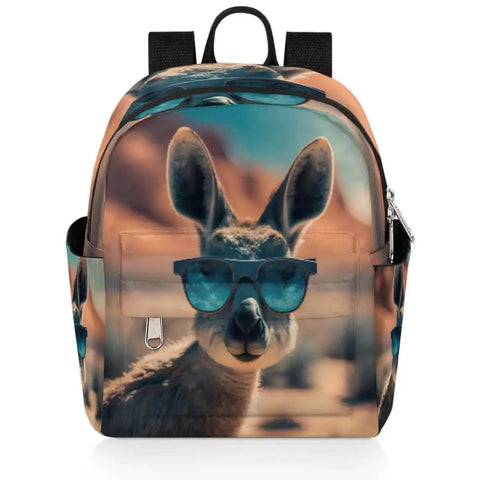 Mini Backpack Purse For Women With Adjustable Straps featuring kangaroo with sunglasses print, front view.