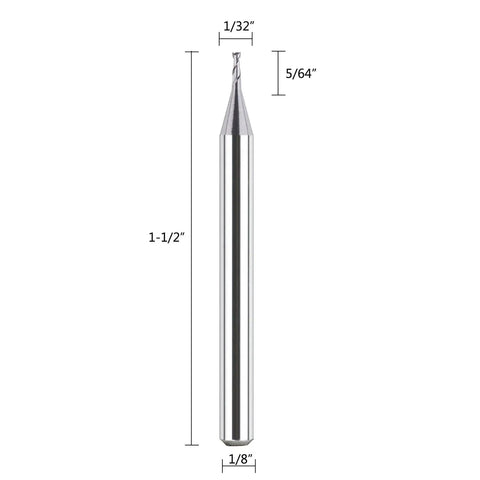 Five Piece Flat Nose Double Flute Carbide End Mills Set for CNC Router Bits With One Eighth Inch Shank And One Thirty Second Inch Cutting Diameter TiAlN Coated HRC 55 For Carbon Steel Die Steel Cast Iron And Wood showing side view with measurements