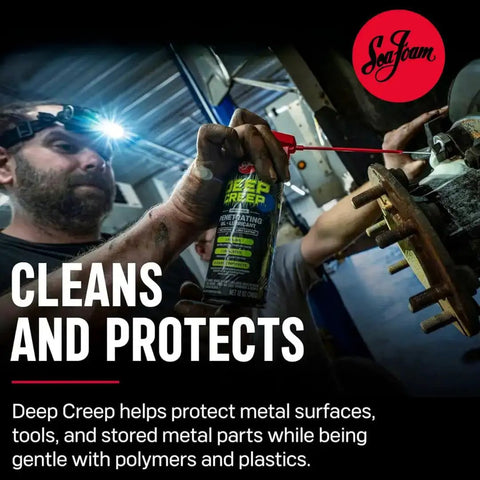 Mechanic using Deep Creep Penetrating Lubricant 12 Oz Spray For Automotive Marine Industrial Tools Locks And Machinery Rust Remover