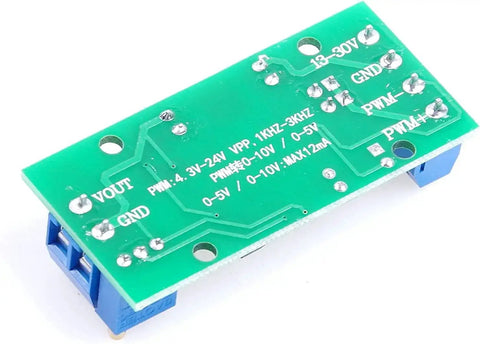 Top view of a PWM to Voltage Converter Module For PLCs and Microcontrollers, green circuit board with input-output labels for PWM signals.
