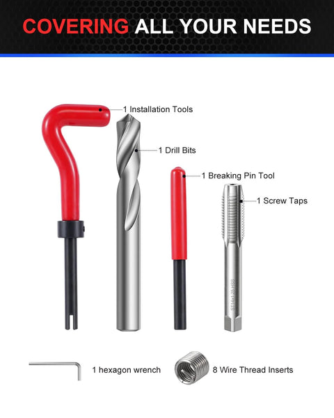 M14x1.5 Thread Repair Kit With Helicoil Inserts Tap Break-Off Tool HSS Drill Bit shown with tools and inserts.