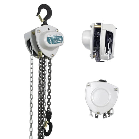 1 Ton Manual Chain Hoist 10 Ft Lift Come Along With Industrial Grade Hooks, front and side views