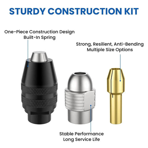 Dremel Compatible Pro Grade Drill Chuck Collet Set, 16 Piece Replacement Kit with brass collets, keyless chuck, and durable metal nut.