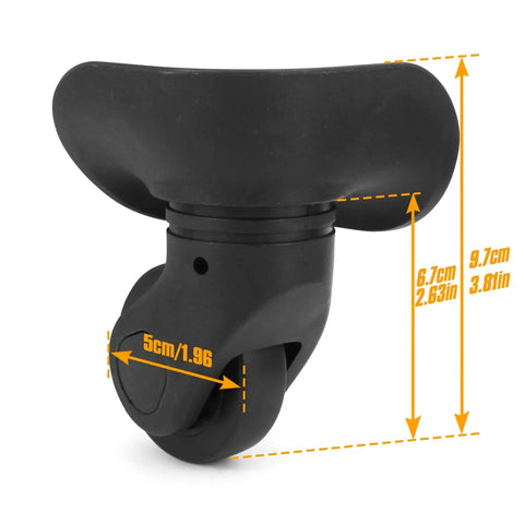 Front view of Durable 360 Swivel Luggage Wheel Replacement For Suitcases With Silent Rubber And PVC Caster Construction, showing dimensions.