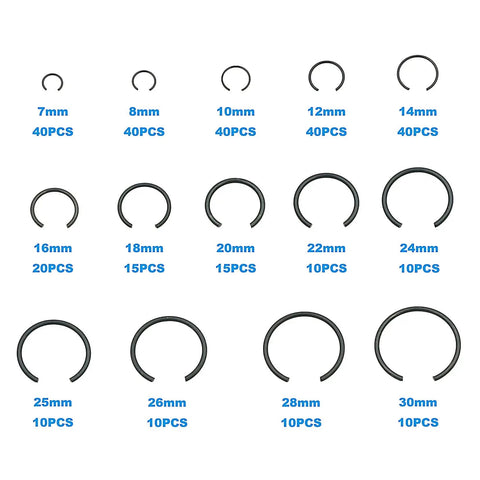 Pro Grade 310-Piece Round Wire C Clip Snap Ring Set displayed with sizes 7mm to 30mm, organized by piece count.