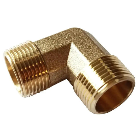 Brass 3/4 NPT Male To 3/4 NPT Male Elbow Pipe Fitting 2 Pack For Water Oil Gas Applications with frosted finish.