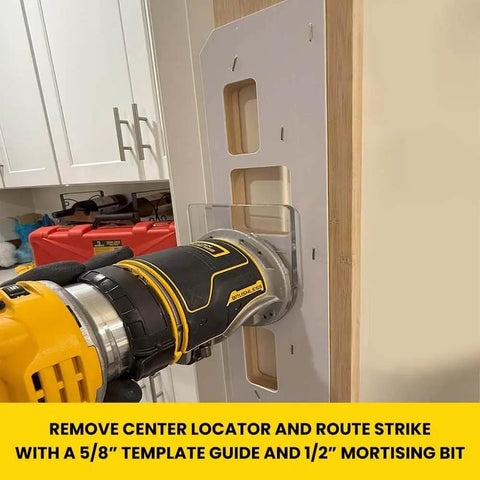 Four Pocket Mortising Template For Door Jamb Strikes And Deadbolts with router in use on a door