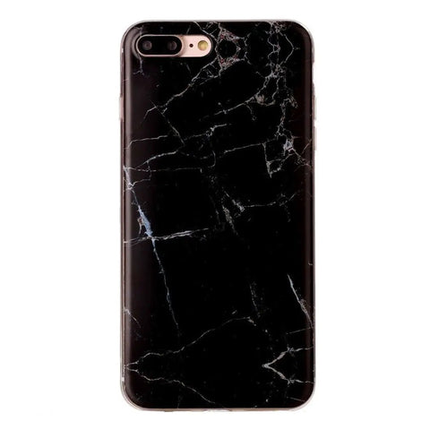Back view of smartphone with black marble-patterned case on white background.
