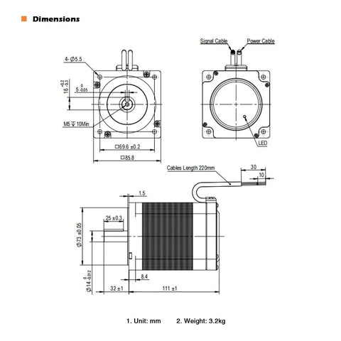Technical drawing of Integrated NEMA 34 Closed Loop Stepper Motor With Pulse Direction Control, showing dimensions and cable layout.